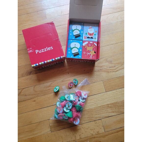 Christmas Classroom Church Lot 20 Puzzles 44 Tops New Open Bag Snowman Santa - Picture 1 of 4